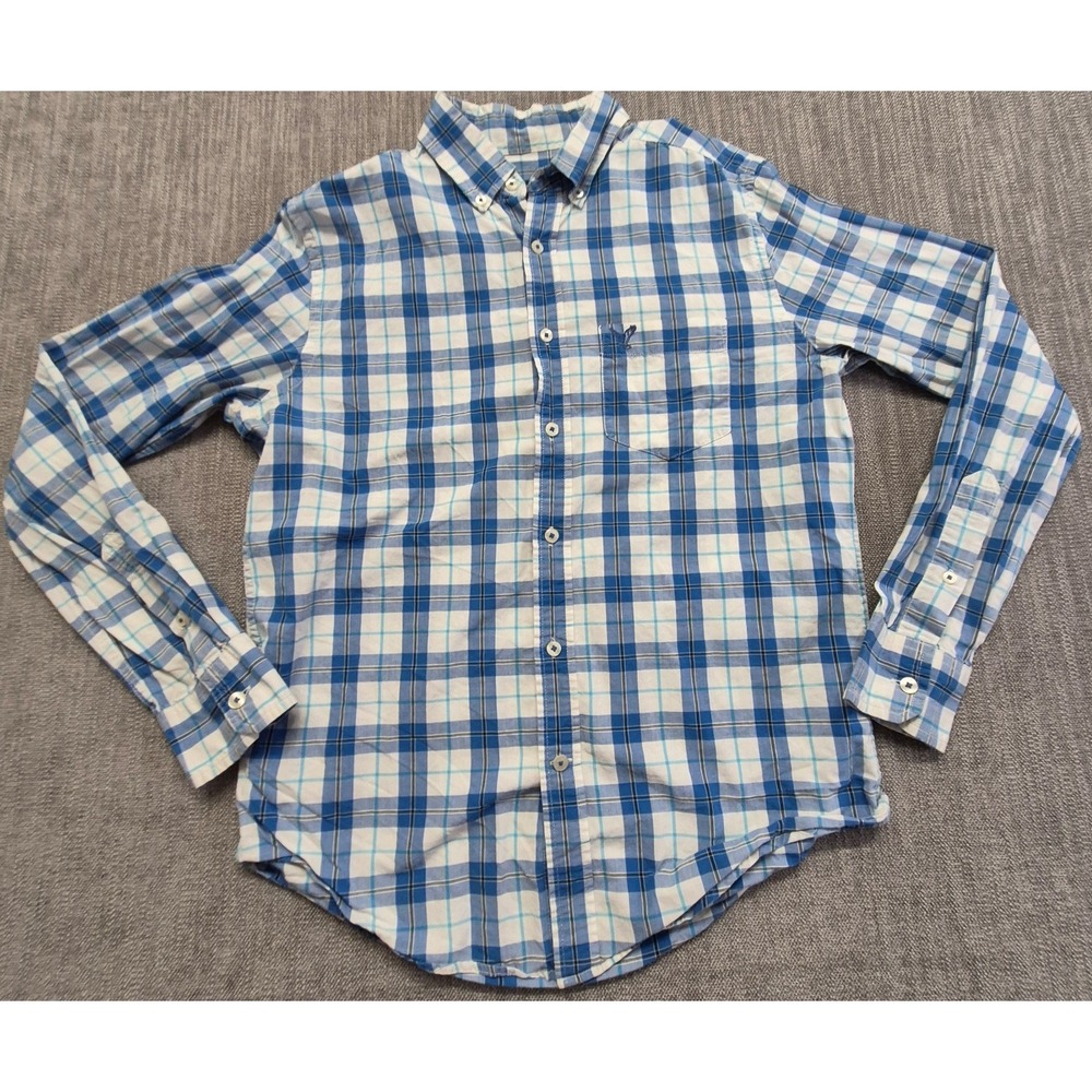 American Eagle Prep Fit Shirt men's Small blue/white plaid button up L/S Cotton
